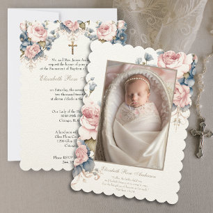 Floral Baptism Baby Photo Scripture Cross Invitation