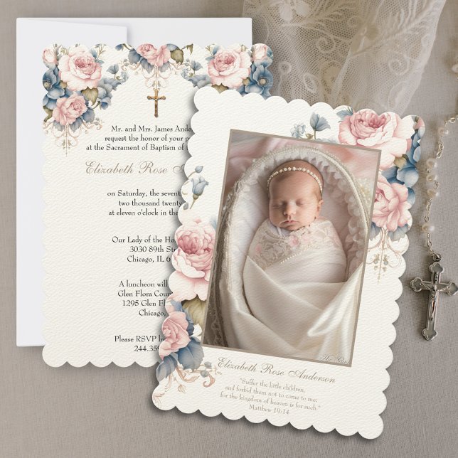 Floral Baptism Baby Photo Scripture Cross Invitation (Easy to customize, make this invitation uniquely yours!)
