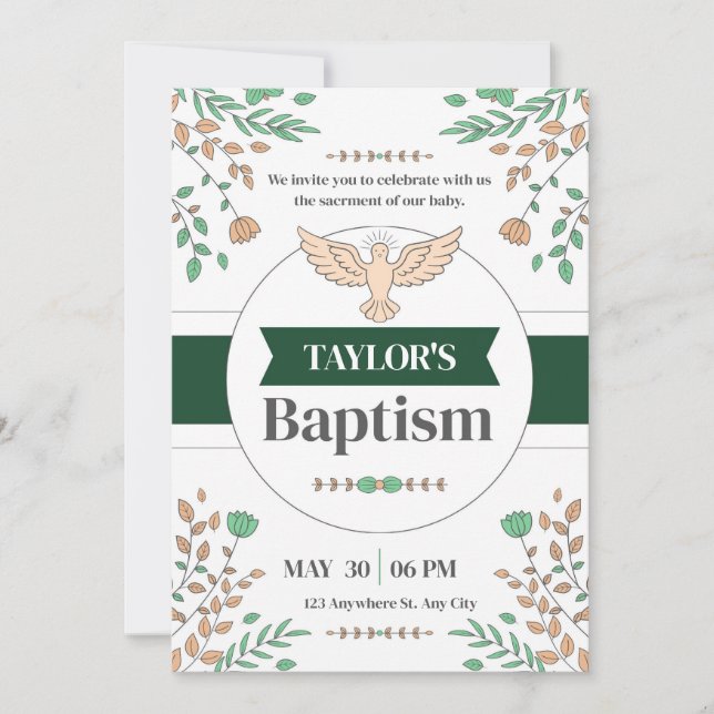 Floral Baptism Ceremony Photocall Green Invitation (Front)