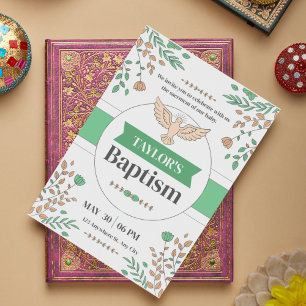 Floral Baptism Ceremony Photocall Green Invitation