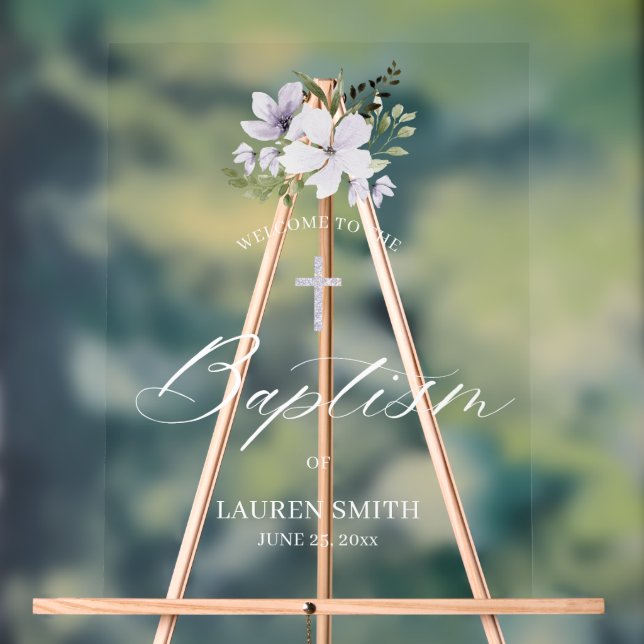 Floral Baptism Christening Elegant Script Acrylic Sign (Neutral)