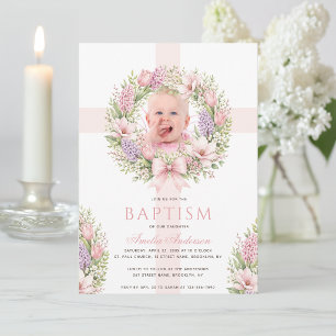Floral Baptism Girl Photo with Pink Spring Flowers Invitation