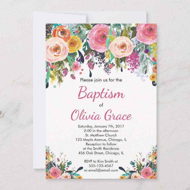 Floral baptism invitation, watercolor dedication invitation (Front)