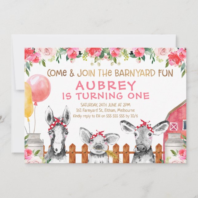 Floral Barnyard Farm Animals Birthday Invitation (Front)