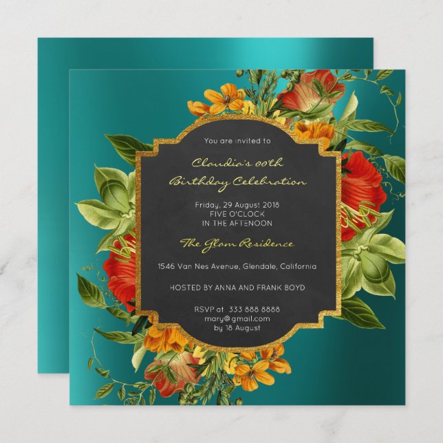 Floral Baroque Birthday Gold Frame Tropical Teal Invitation (Front/Back)