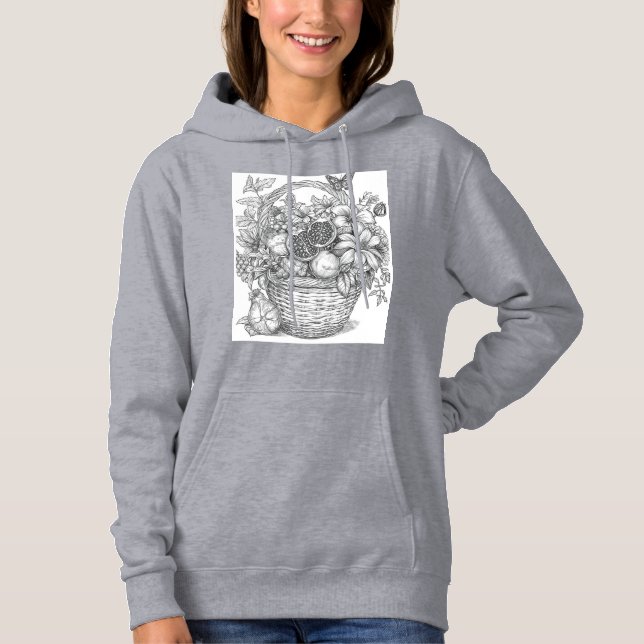 Floral Basket and Fruits Ink Illustration Hoodie (Front)