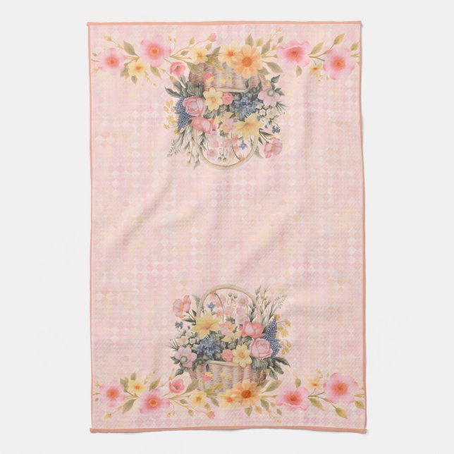 Floral Basket Vintage-Inspired Kitchen Towel (Vertical)
