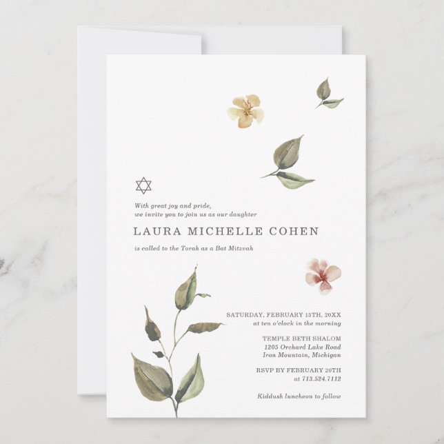 Floral Bat Mitzvah Invitation Botanical (Front)