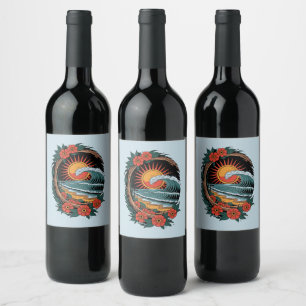 Floral Beach Lover Sunset Vacation Gift Retro Wine Label