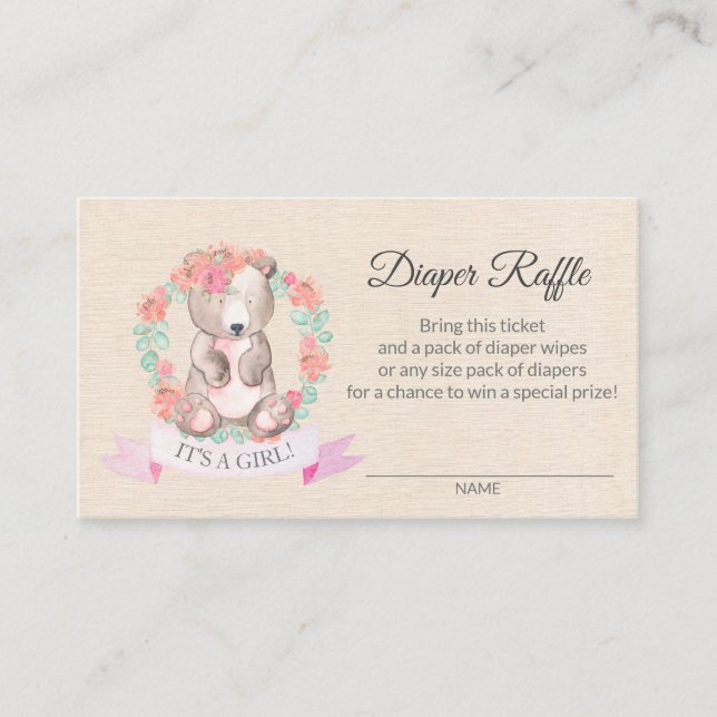 Floral Bear Baby Shower Diaper Raffle Ticket (Front)