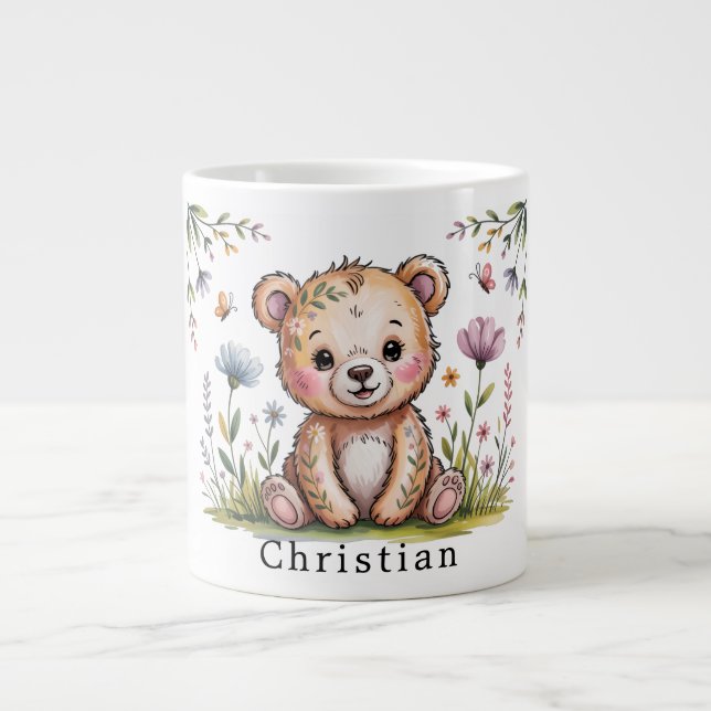 Floral Bear We Can Bearly Wait Baby Shower gift Large Coffee Mug (Front)