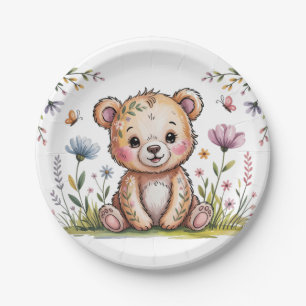 Floral Bear We Can Bearly Wait Baby Shower Paper Plate