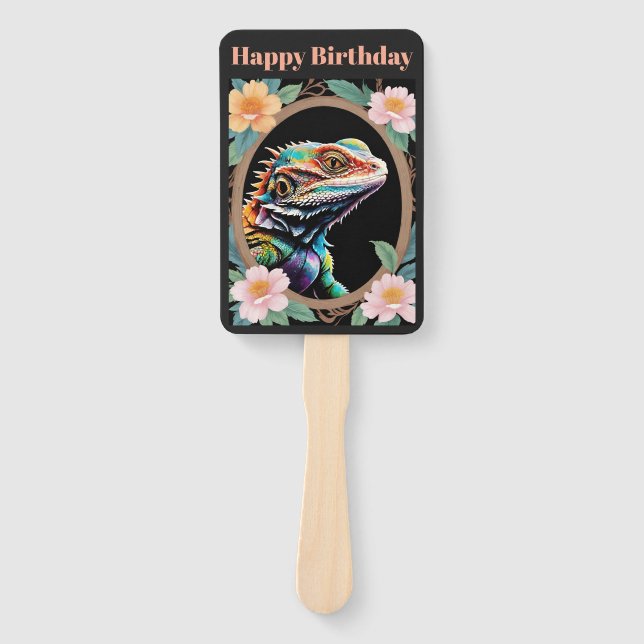 Floral Bearded Dragon Lizard Customisable Wording Hand Fan (Front)