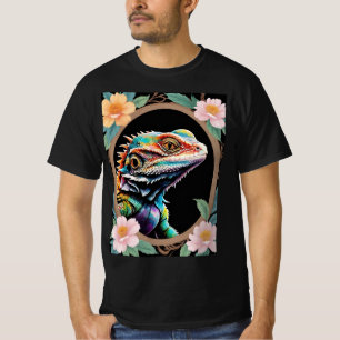 Floral Bearded Dragon Lizard In Wooden Oval Frame T-Shirt
