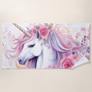 Floral Beautiful Unicorn Beach Towel