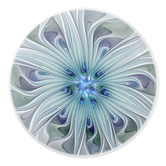 Floral Beauty Abstract Modern Blue Pastel Flower Ceramic Knob (Front)