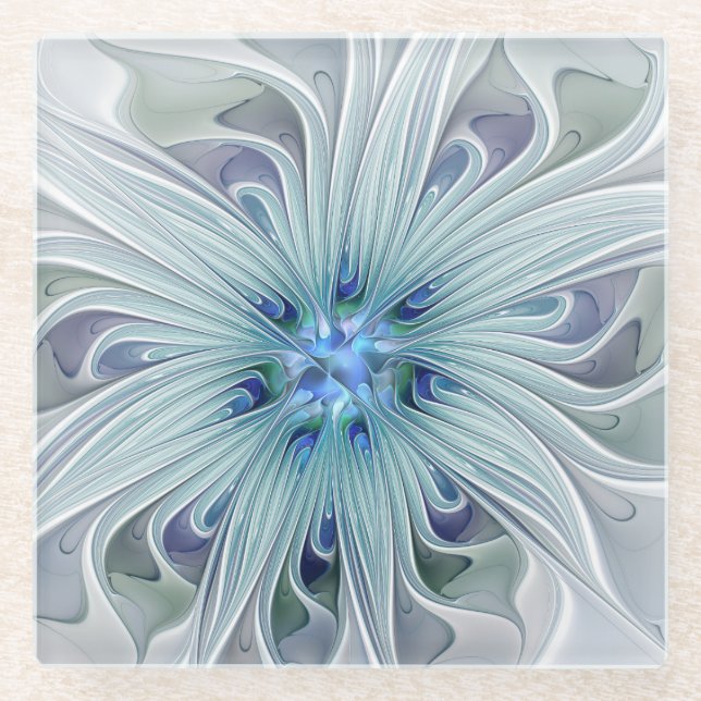 Floral Beauty Abstract Modern Blue Pastel Flower Glass Coaster (Front)