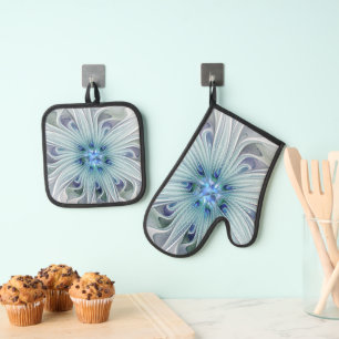 Floral Beauty Abstract Modern Blue Pastel Flower Oven Mitt & Pot Holder Set