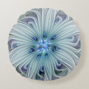 Floral Beauty Abstract Modern Blue Pastel Flower Round Cushion
