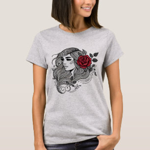 Floral Beauty Woman Line Art Rose Hair Tattoo  T-Shirt