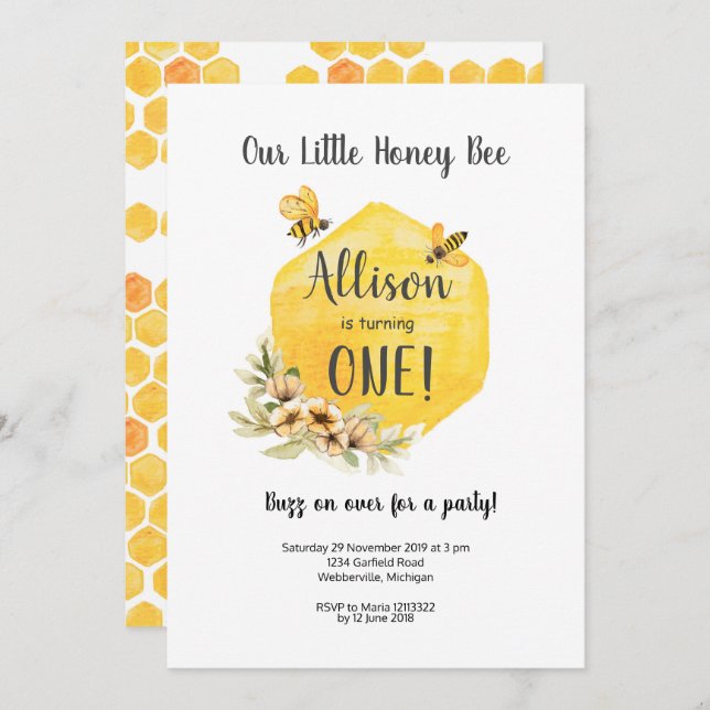 Floral Bee First Birthday Invitation (Front/Back)