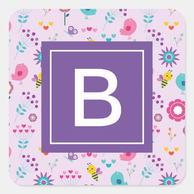 Floral Bee Pattern Purple Monogram Kids Square Sticker (Front)