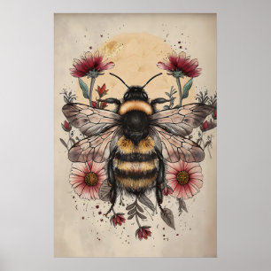 Floral Bee Sun Print, Retro Botanical Art (Digital Poster