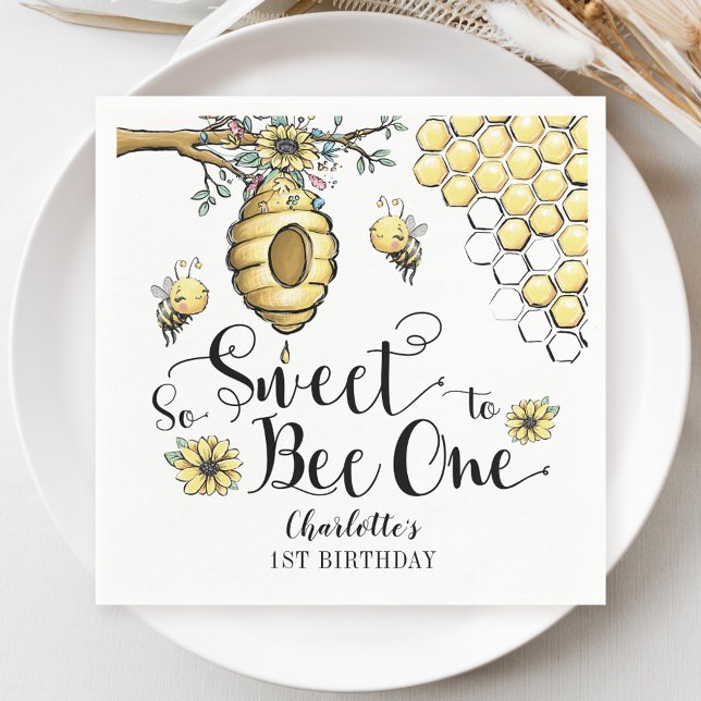 Floral Beehive Honey So Sweet Bee 1st Birthday Napkin (Creator Uploaded)