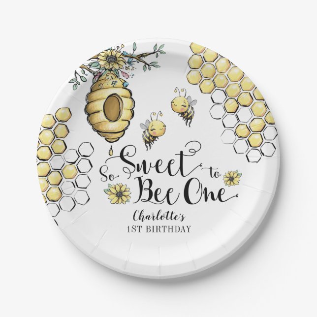 Floral Beehive Honey So Sweet Bee 1st Birthday Paper Plate (Front)