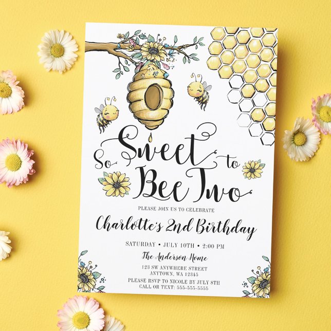 Floral Beehive Honey So Sweet Bee 2nd Birthday Invitation (Creator Uploaded)
