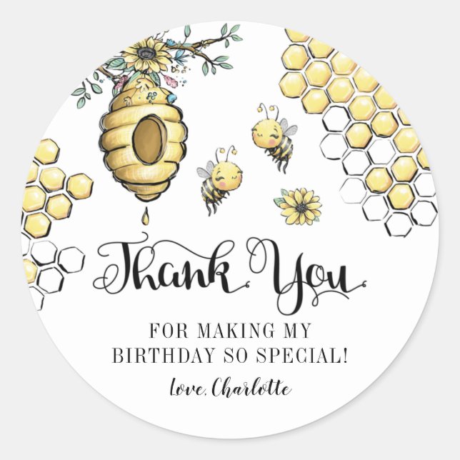 Floral Beehive Honey Sweet Bee Birthday Thank You Classic Round Sticker (Front)