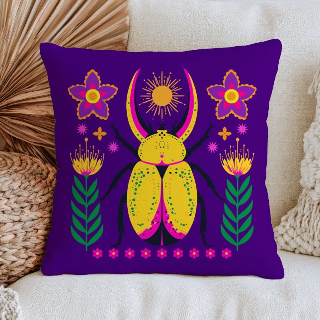 Floral Beetle Insect Illustration Bold Purple Boho Cushion (Creator Uploaded)
