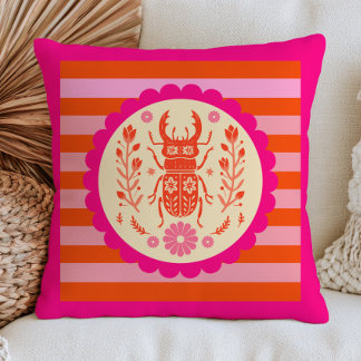 Floral Beetle Insect Pink& Orange Stripe Pattern Cushion