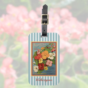 Floral Begonias Pink 1902 Seed Packet Blue Stripes Luggage Tag