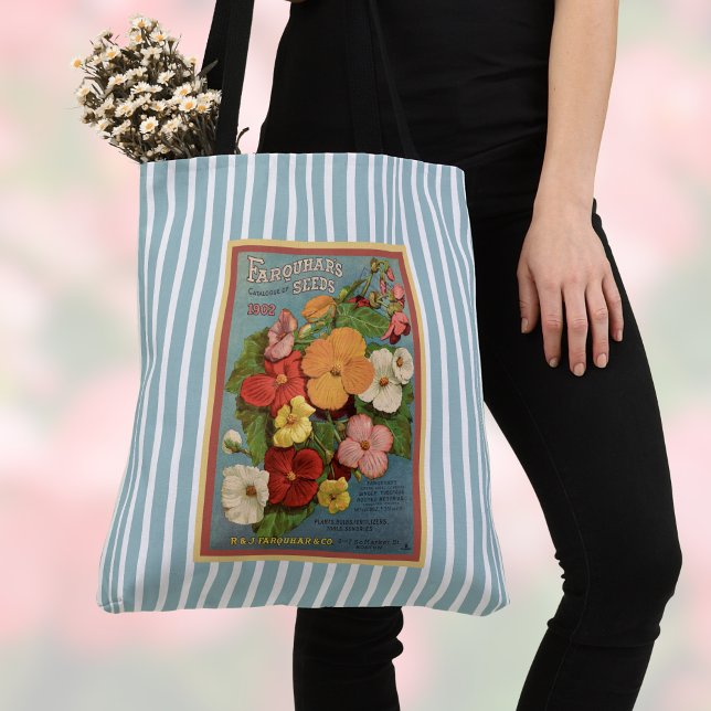 Floral Begonias Pink 1902 Seed Packet Blue Stripes Tote Bag (Creator Uploaded)