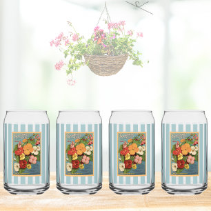 Floral Begonias Pink 1902 Seed Packet Red Teal Can Glass