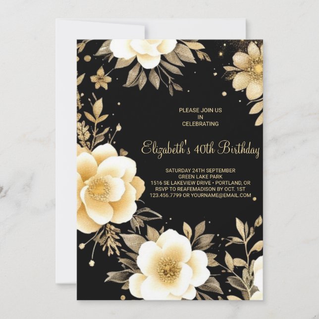 Floral Beige and Black Boho 40th Birthday Invitation (Front)