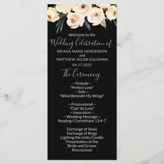 Floral Beige Black Wedding Program Programme (Front)