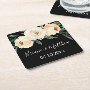 Floral Beige Black Wedding Square Paper Coaster