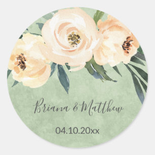 Floral Beige Blush and Green Wedding Classic Round Sticker