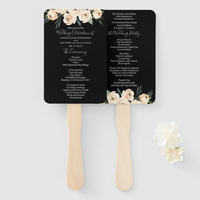 Floral Beige Blush Black Wedding Program Hand Fan (Front and Back)
