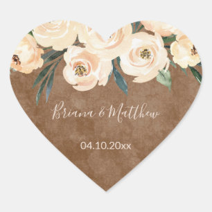 Floral Beige Blush on Brown Wedding Favours Heart  Sticker