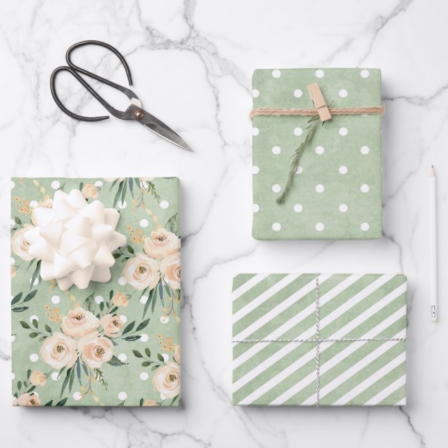 Floral Beige Blush on Green Wedding Wrapping Paper Sheet (Front)