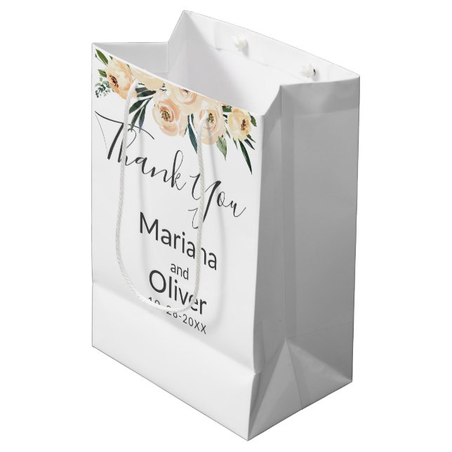 Floral Beige Blush on White Wedding Medium Gift Bag (Front Angled)
