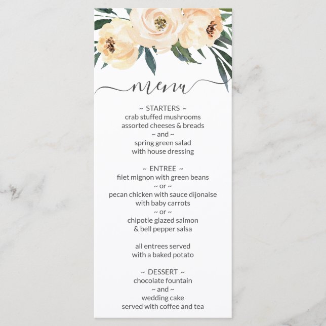 Floral Beige Blush on White Wedding Menu (Front)