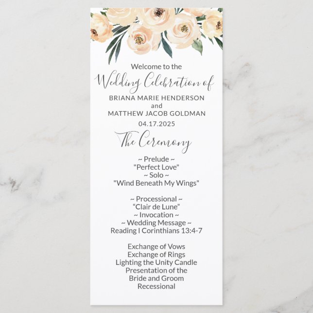 Floral Beige Blush on White Wedding Program Programme (Front)