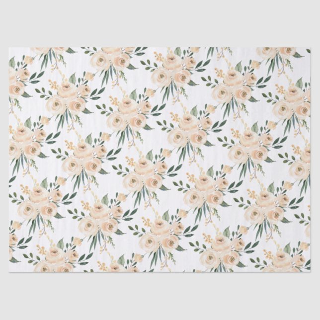 Floral Beige Blush on White Wedding  Tissue Paper (Front)