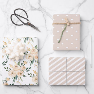 Floral Beige Blush on White Wedding Wrapping Paper Sheet