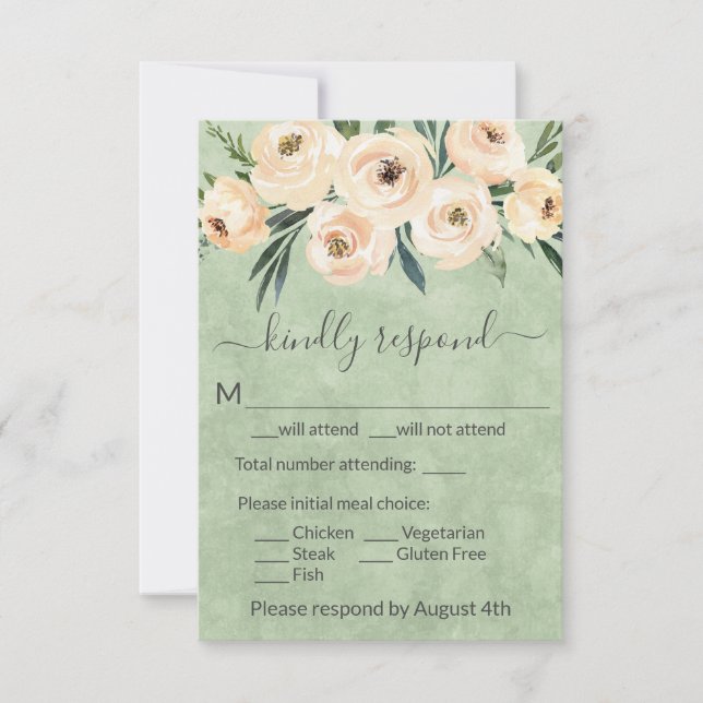 Floral Beige Blush Roses Gold on Green RSVP Card (Front)