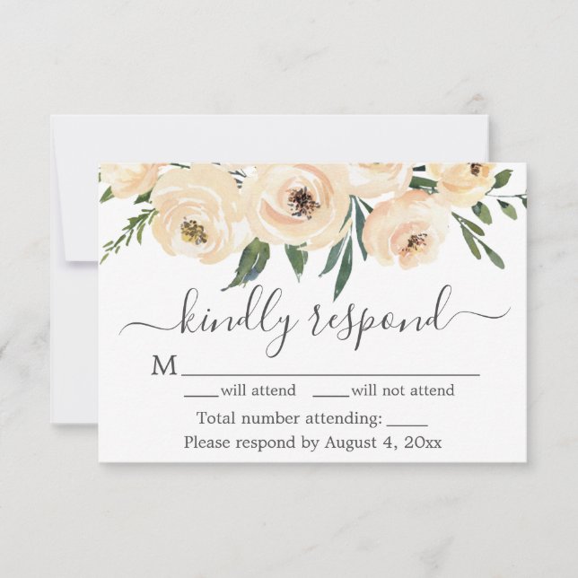 Floral Beige Blush Roses Gold White RSVP Card (Front)